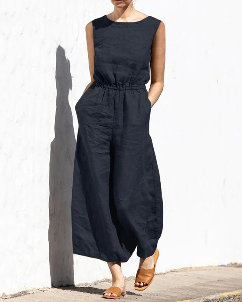 Mouwloze dames jumpsuit met wijde pijpen