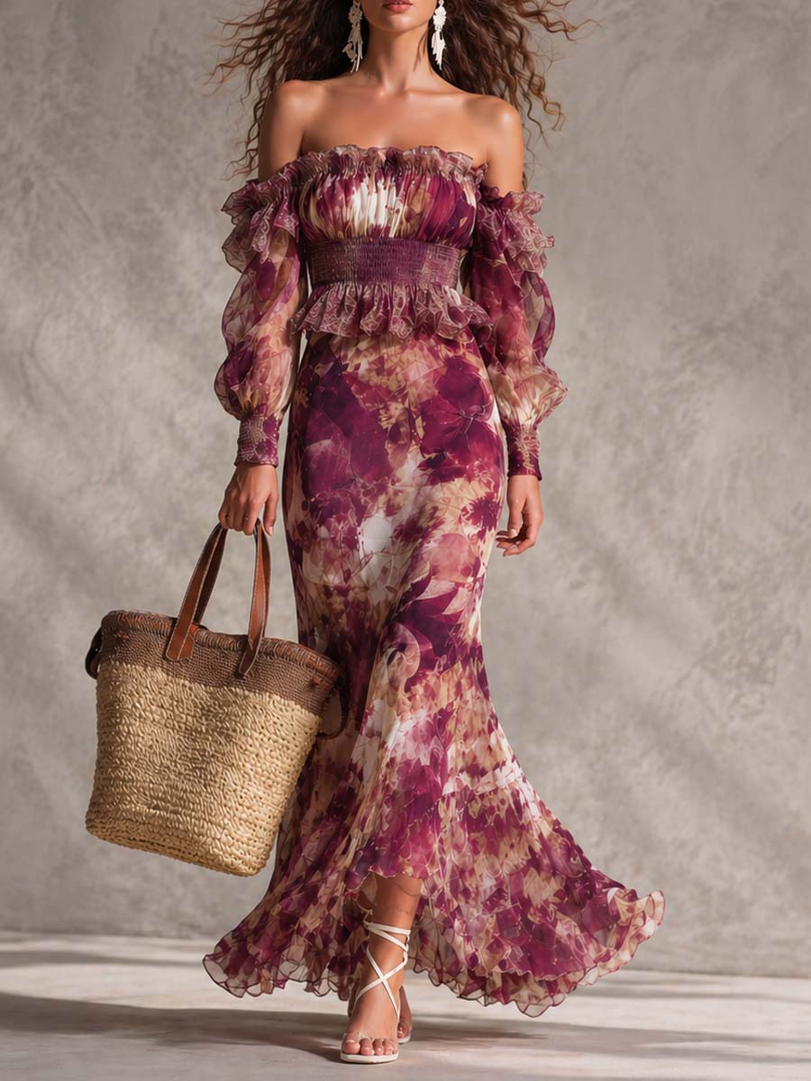 Rosa | Maxi-jurk met blote schouders van chiffon met aquarel-bloemenprint en gesmokte taille