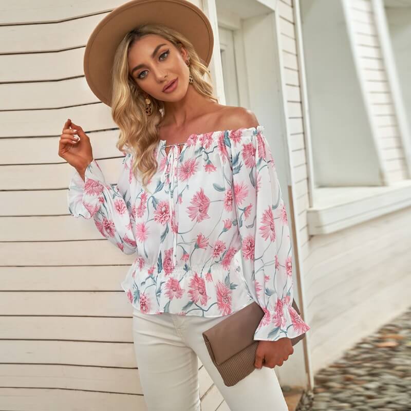 Gebloemde dames chiffon blouse met ruches mouwen