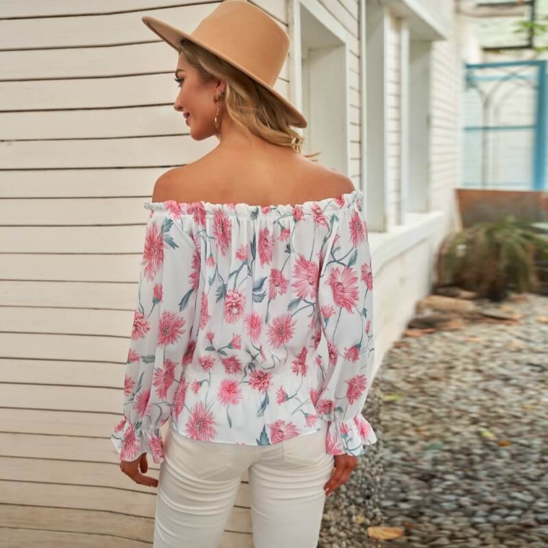 Gebloemde dames chiffon blouse met ruches mouwen