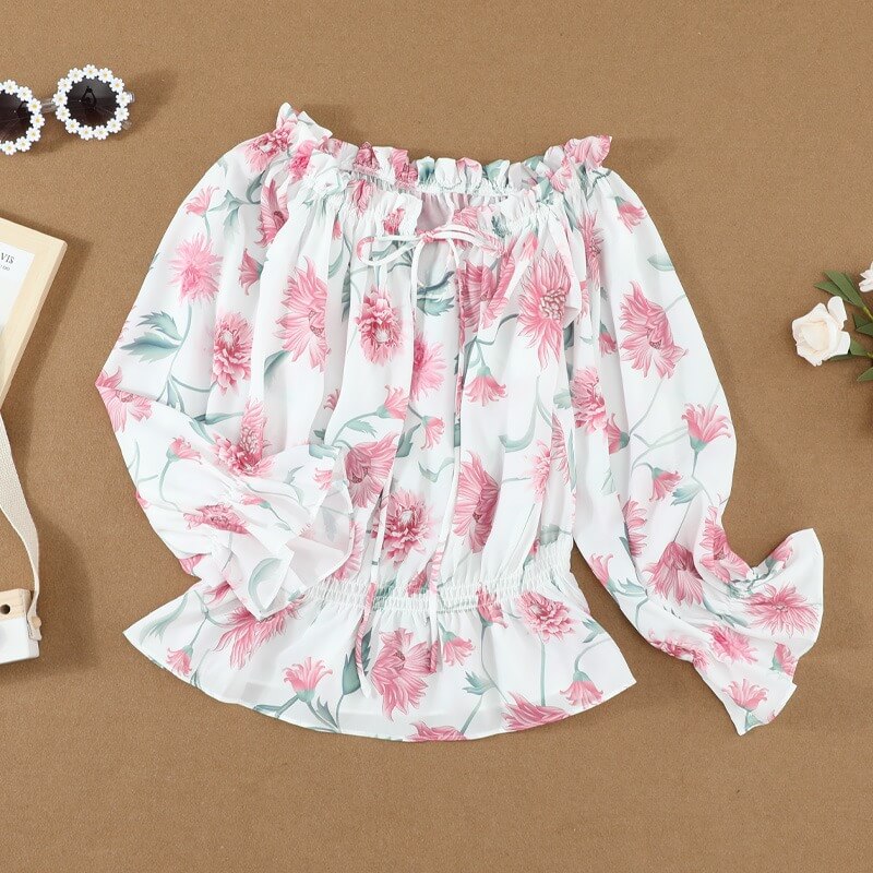 Gebloemde dames chiffon blouse met ruches mouwen