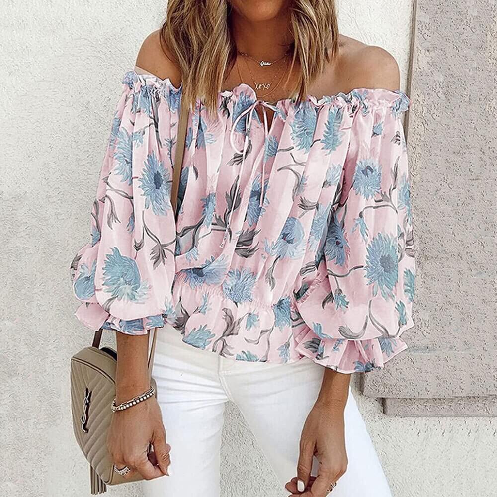 Gebloemde dames chiffon blouse met ruches mouwen