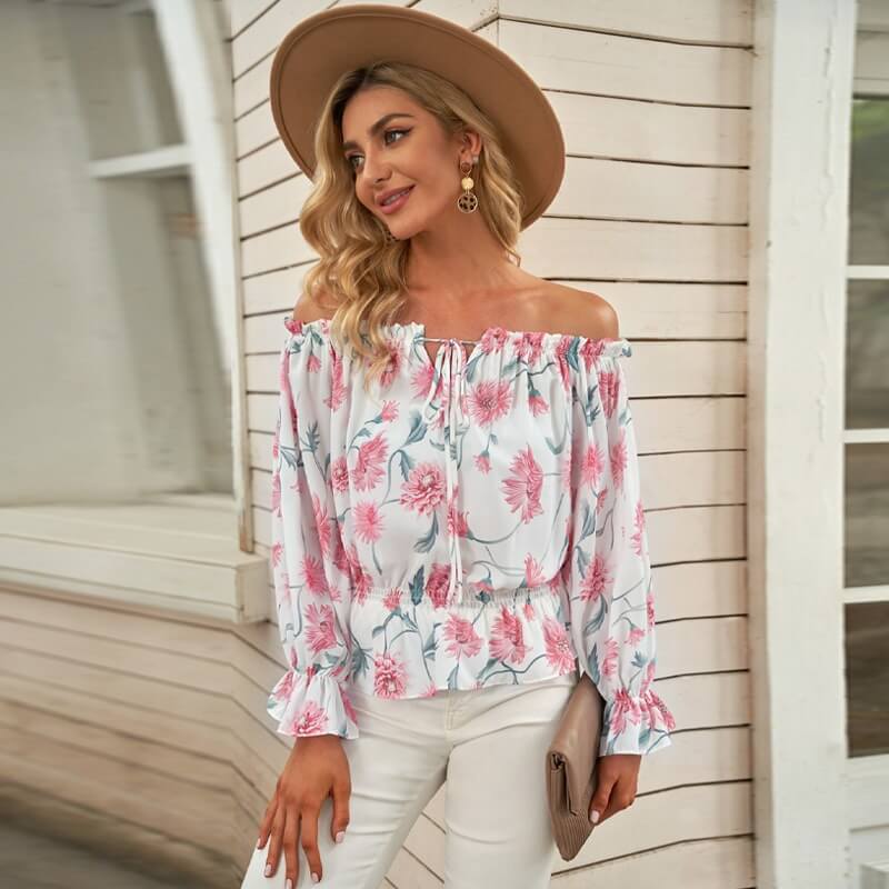 Gebloemde dames chiffon blouse met ruches mouwen
