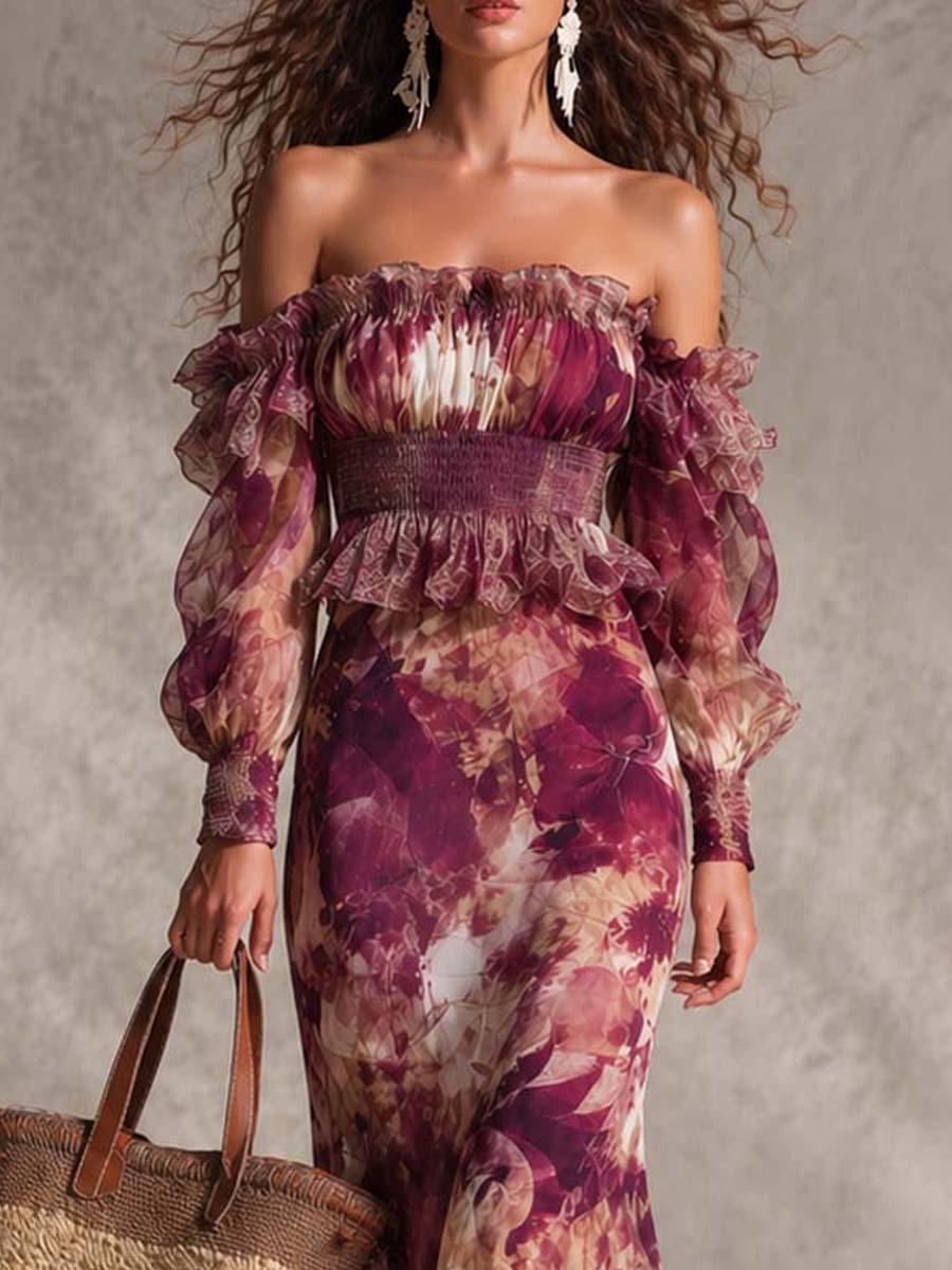 Rosa | Maxi-jurk met blote schouders van chiffon met aquarel-bloemenprint en gesmokte taille