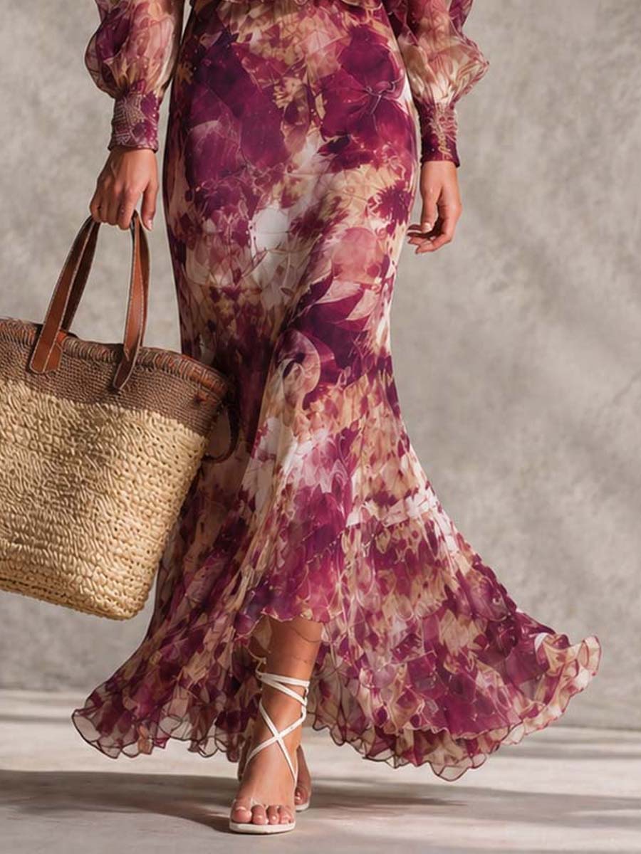 Rosa | Maxi-jurk met blote schouders van chiffon met aquarel-bloemenprint en gesmokte taille