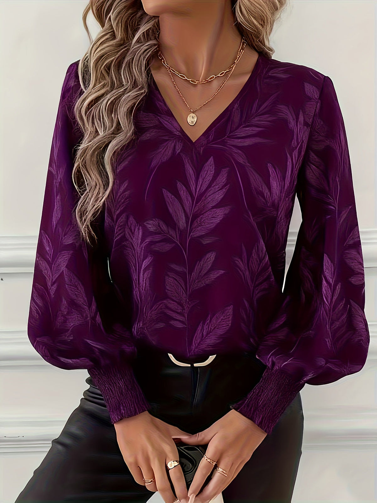Blouse met botanisch patroon, V-hals en lantaarnmouwen