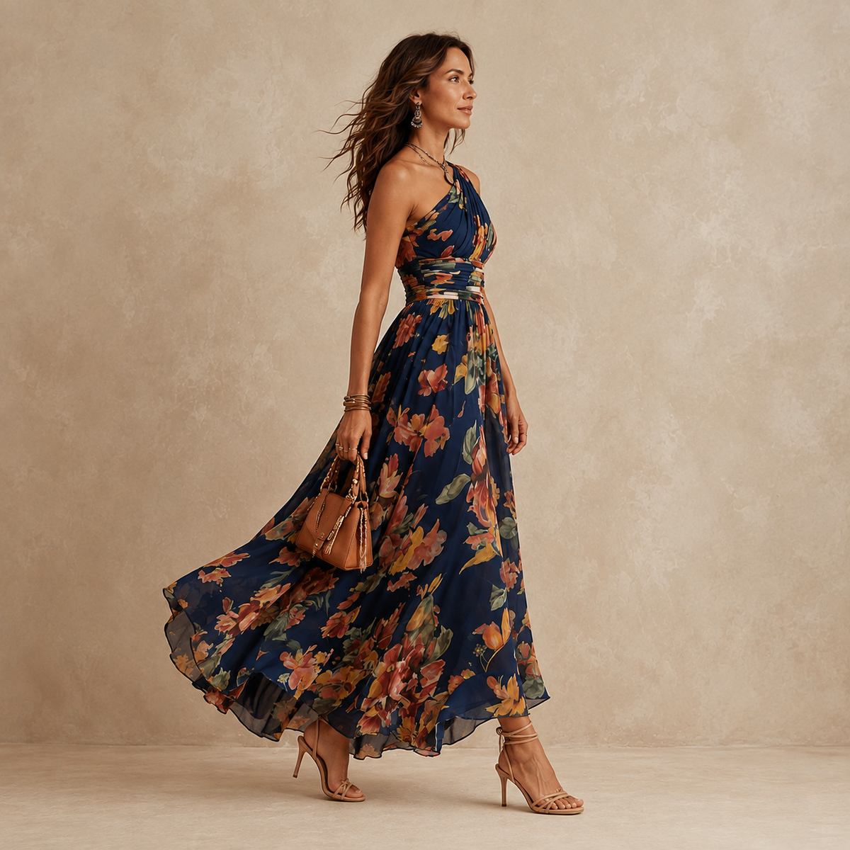 Olivia | Maxi-jurk met één blote schouder van chiffon met bloemenprint