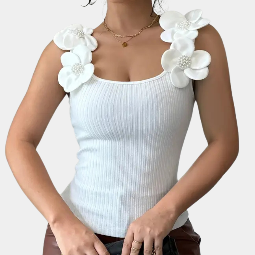 Witte mouwloze dames top met bloemdetails