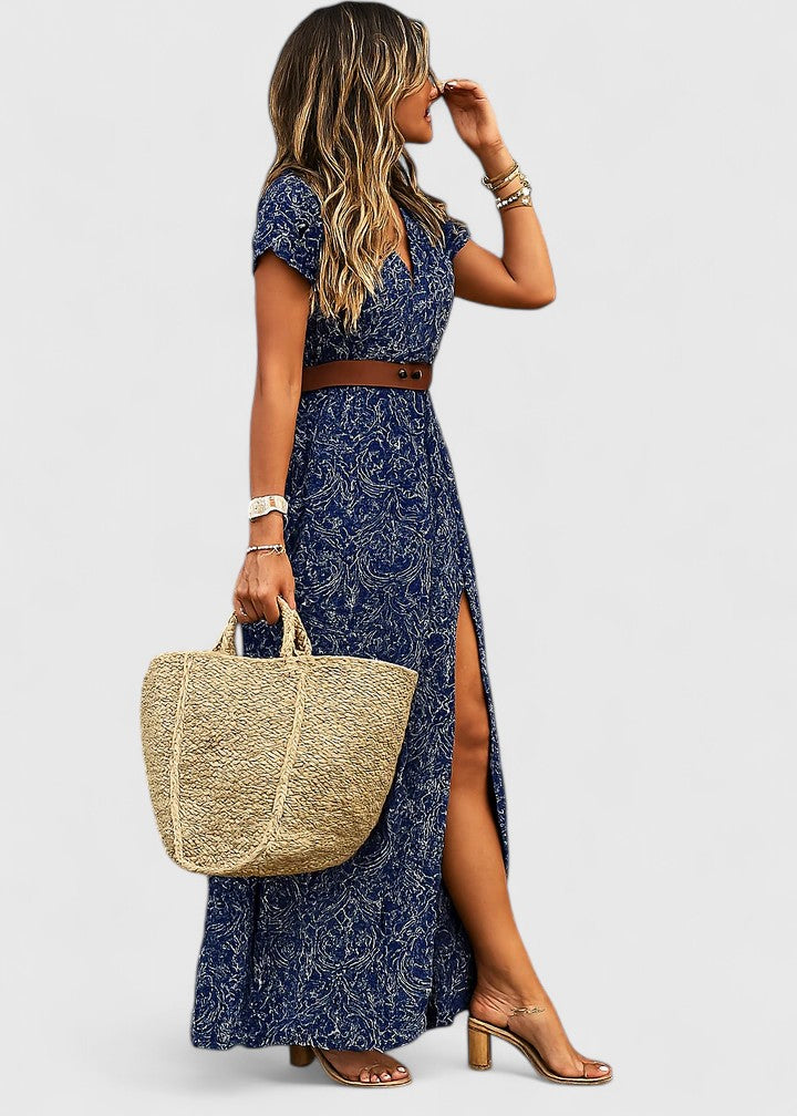 Ziva | Maxi-jurk met gerimpelde taille en bohoprint