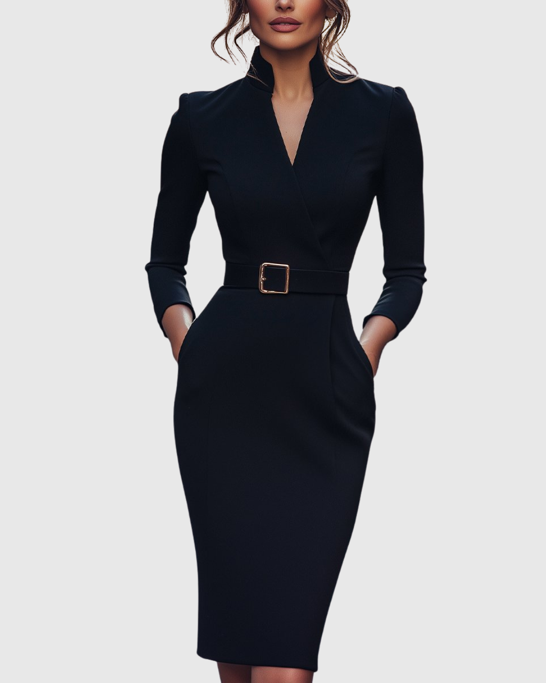 Katherine | Midi-jurk met overslaglook en ceintuur met vierkante gesp