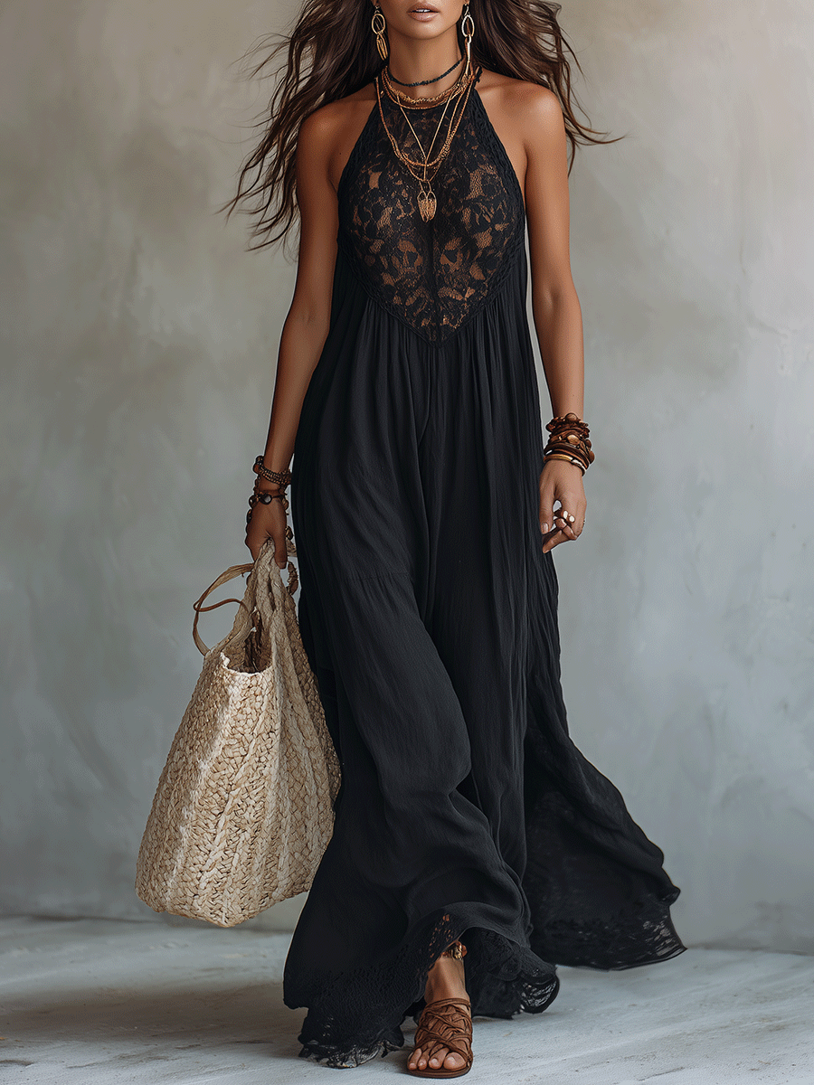 Mouwloze maxi-jurk van zacht draperende stof in bohemian-stijl
