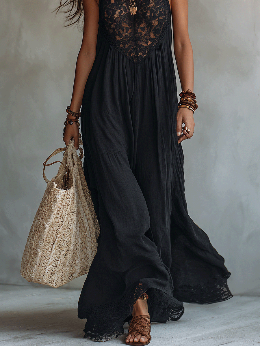 Mouwloze maxi-jurk van zacht draperende stof in bohemian-stijl