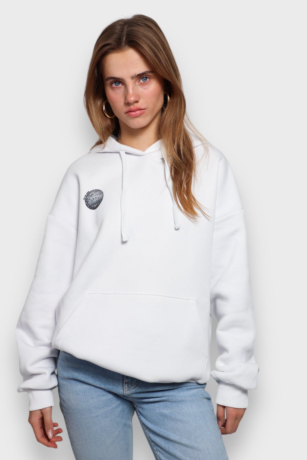 Witte dames hoodie met discobalprint