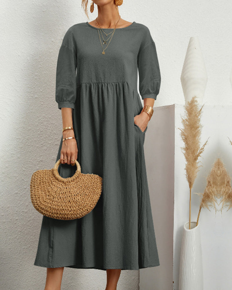 Midi jurk met ronde hals & lantaarnmouwen