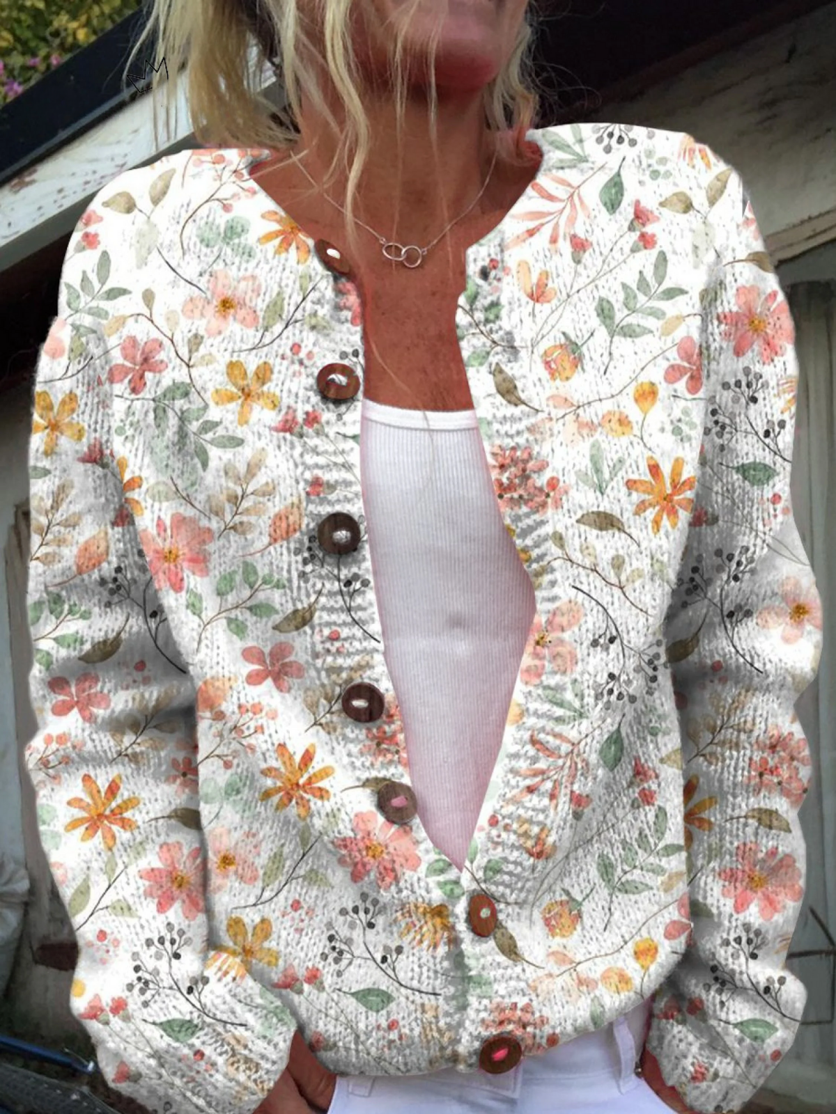 Gebreid vest met bloemenprint in aquarelstijl