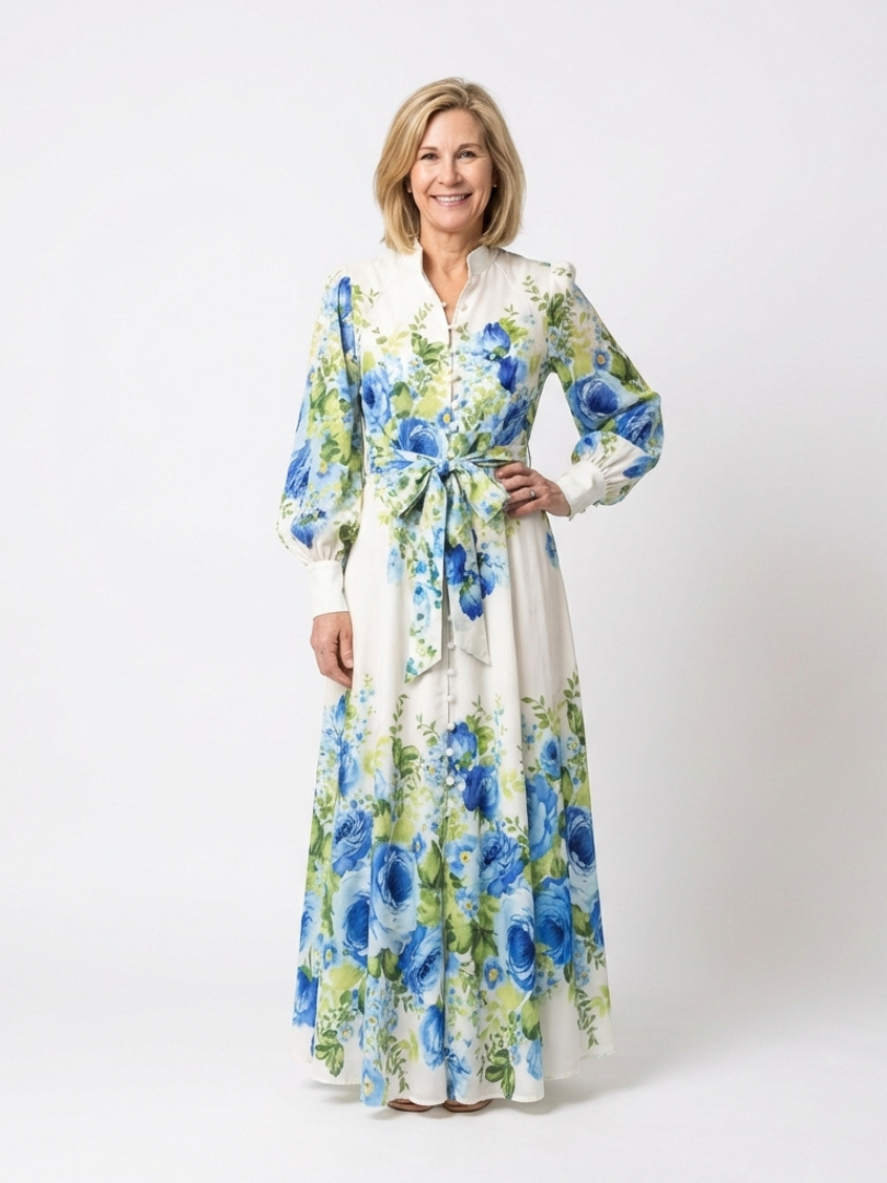Jacqueline | Gebloemde maxi-jurk met lange mouwen en tailleband