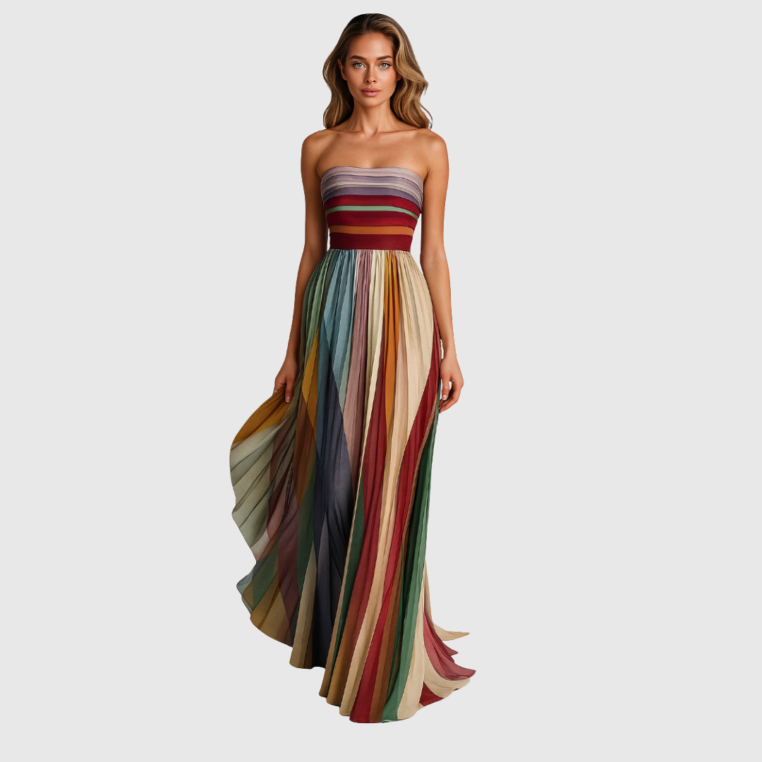 Karin | Lange strapless jurk met geplooide rok