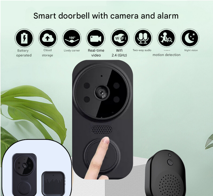 Zwarte slimme wi-fi deurbel met camera
