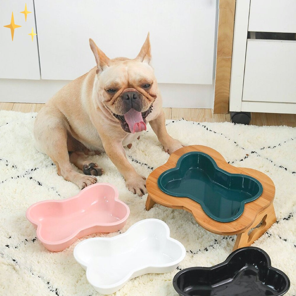Keramische honden voerbak met houten verhoging