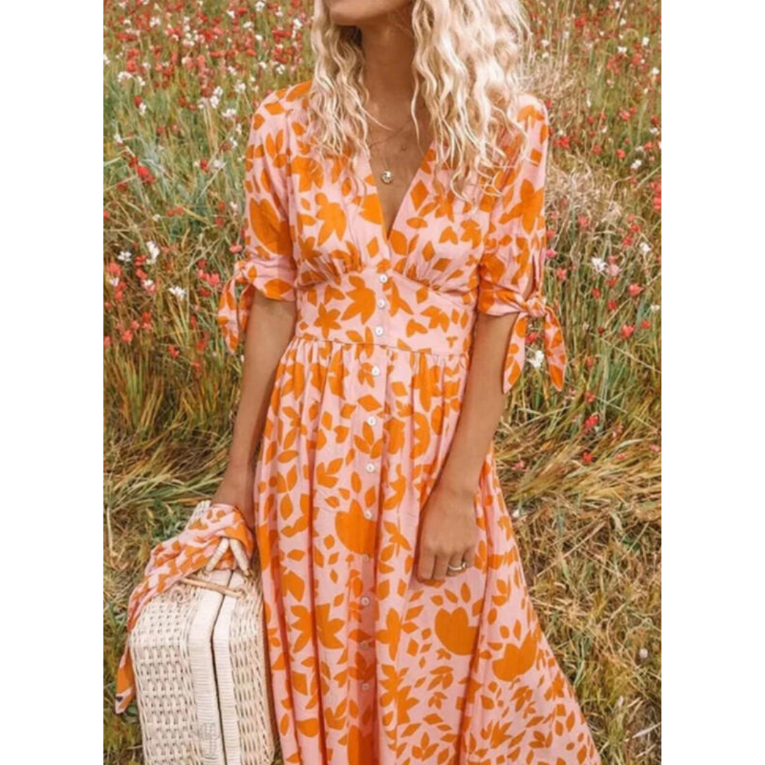 Vloeiende maxi jurk met V-hals & bindmouwen
