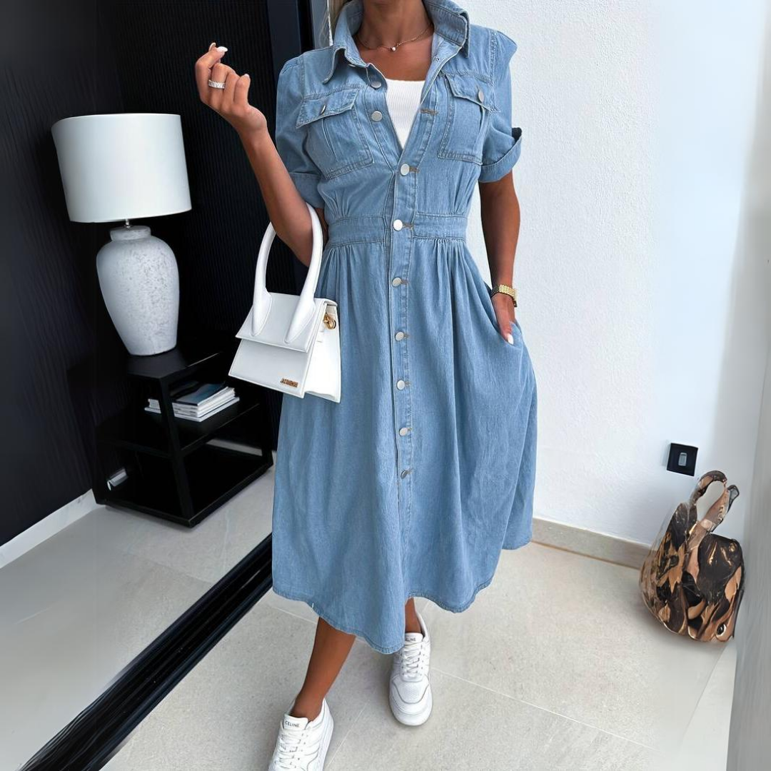 Modieuze denim jurk met korte mouwen