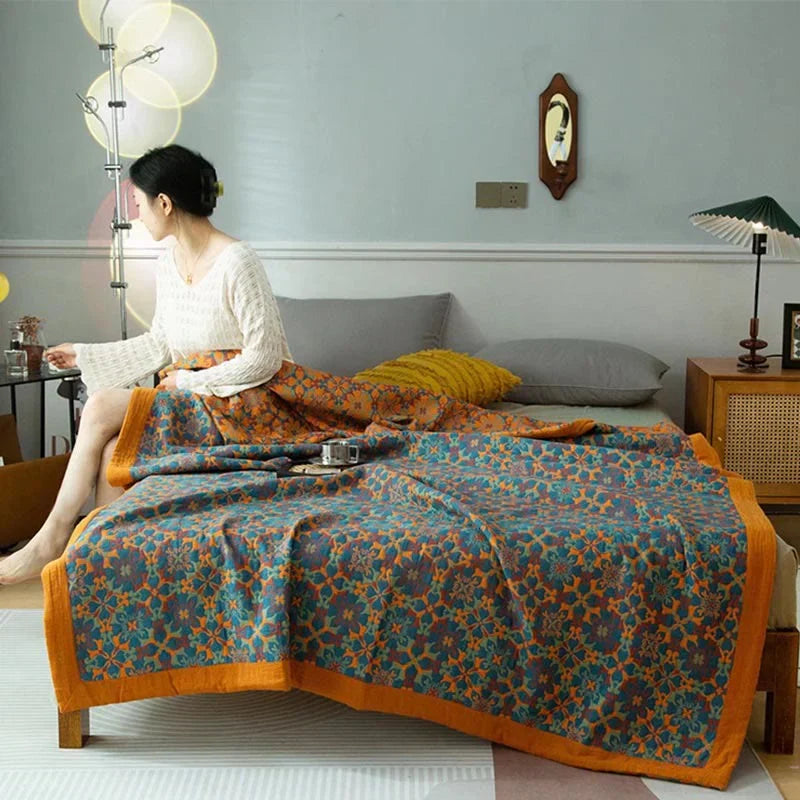 Oranje & blauw patroon zeslaags katoenen quilt