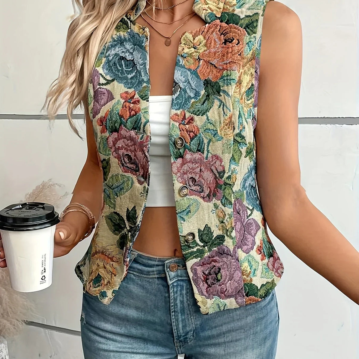 Bloemen vest met knopen – breiwerk