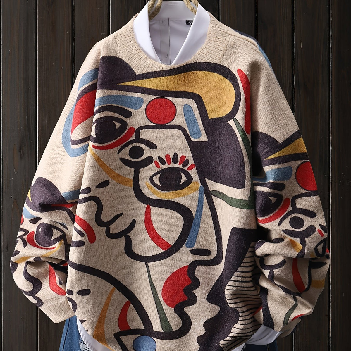 Ruime gebreide trui met abstracte lijnprint