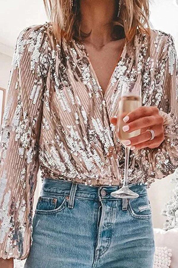 Fonkelend & stijlvol dames glitter V-hals lange mouwen top