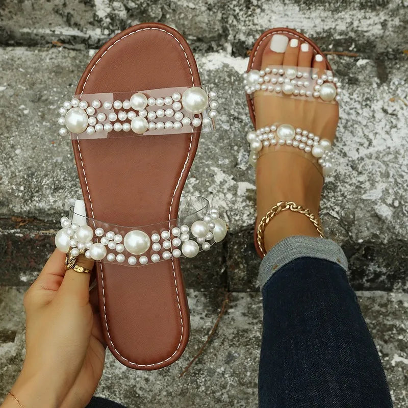 Bohemian slip-on dames sandalen met parelversiering
