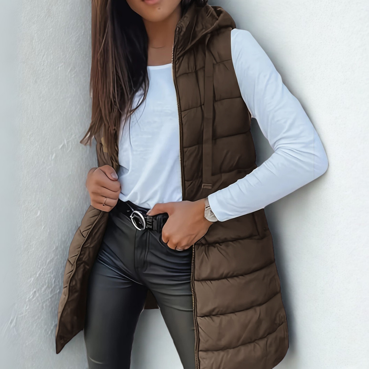Naima | Lange gewatteerde bodywarmer met capuchon