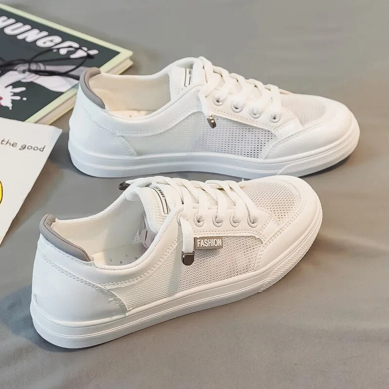 Witte damessneakers met mesh bovenmaterialen