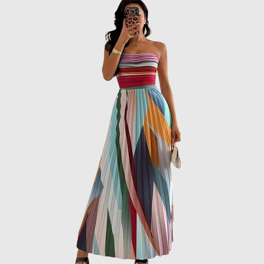 Karin | Lange strapless jurk met geplooide rok