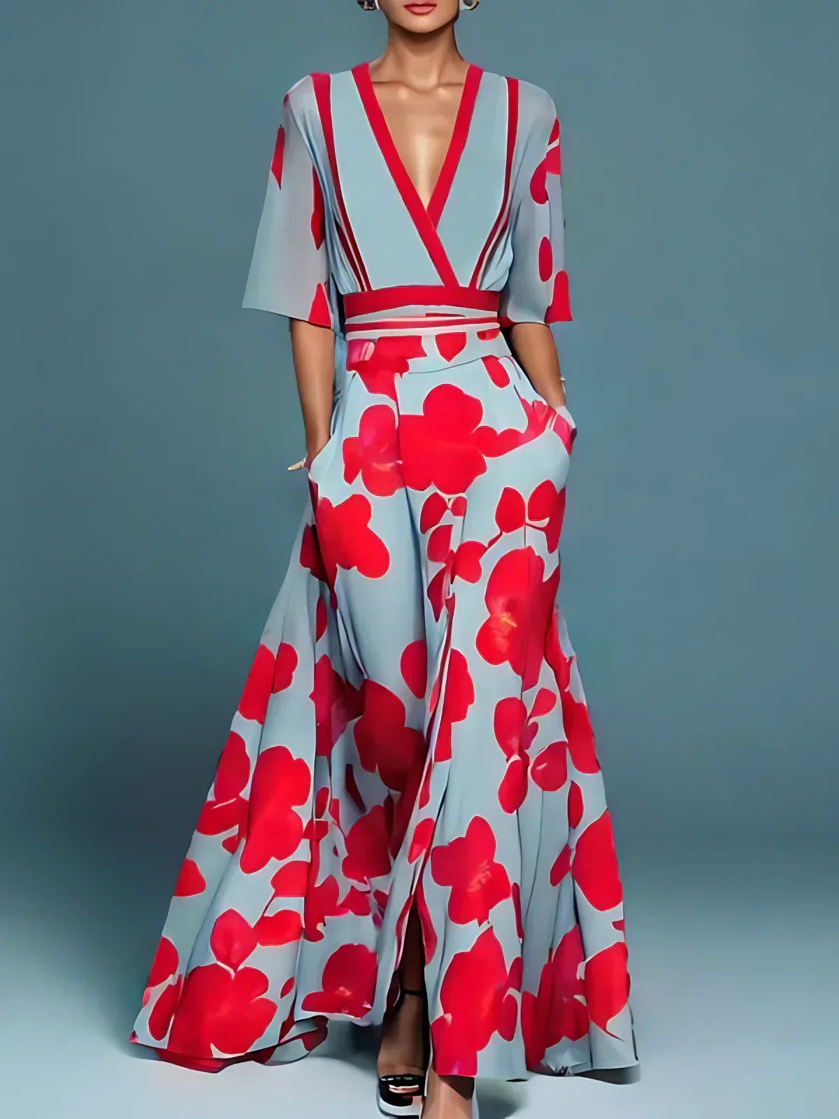 Masha | Lange damesjurk met V-hals en vintage bloemenprint