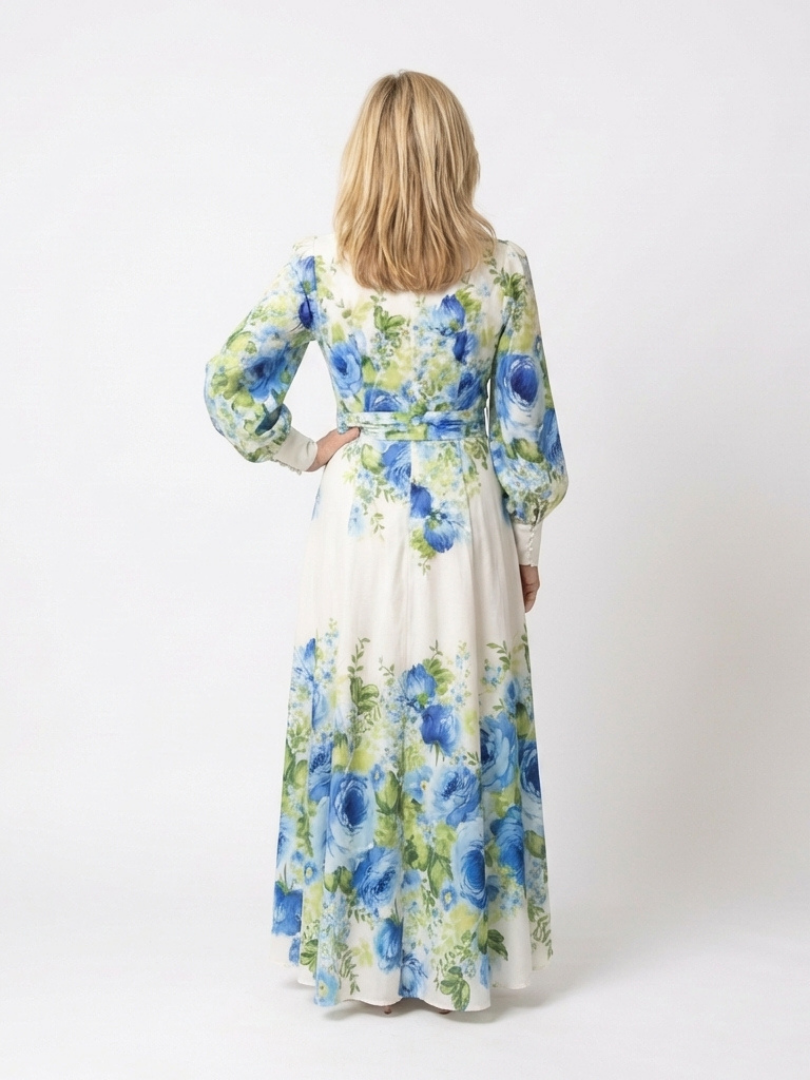 Jacqueline | Gebloemde maxi-jurk met lange mouwen en tailleband