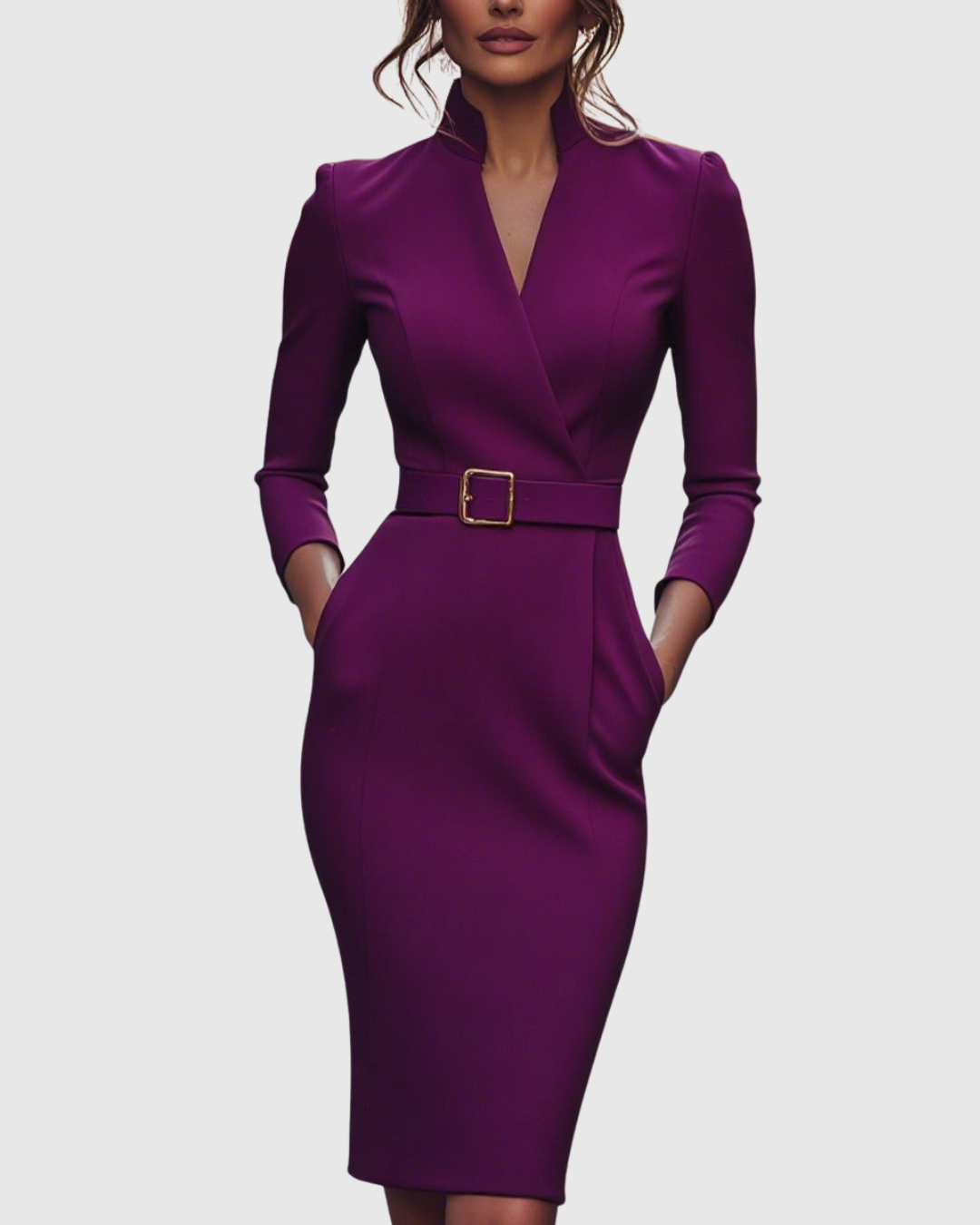 Katherine | Midi-jurk met overslaglook en ceintuur met vierkante gesp