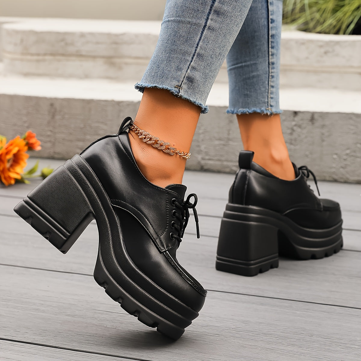 Damesplatformschoenen met veters en rubberen zool