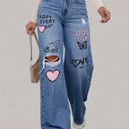 Dames jeans met hartjes- en graffitiprint