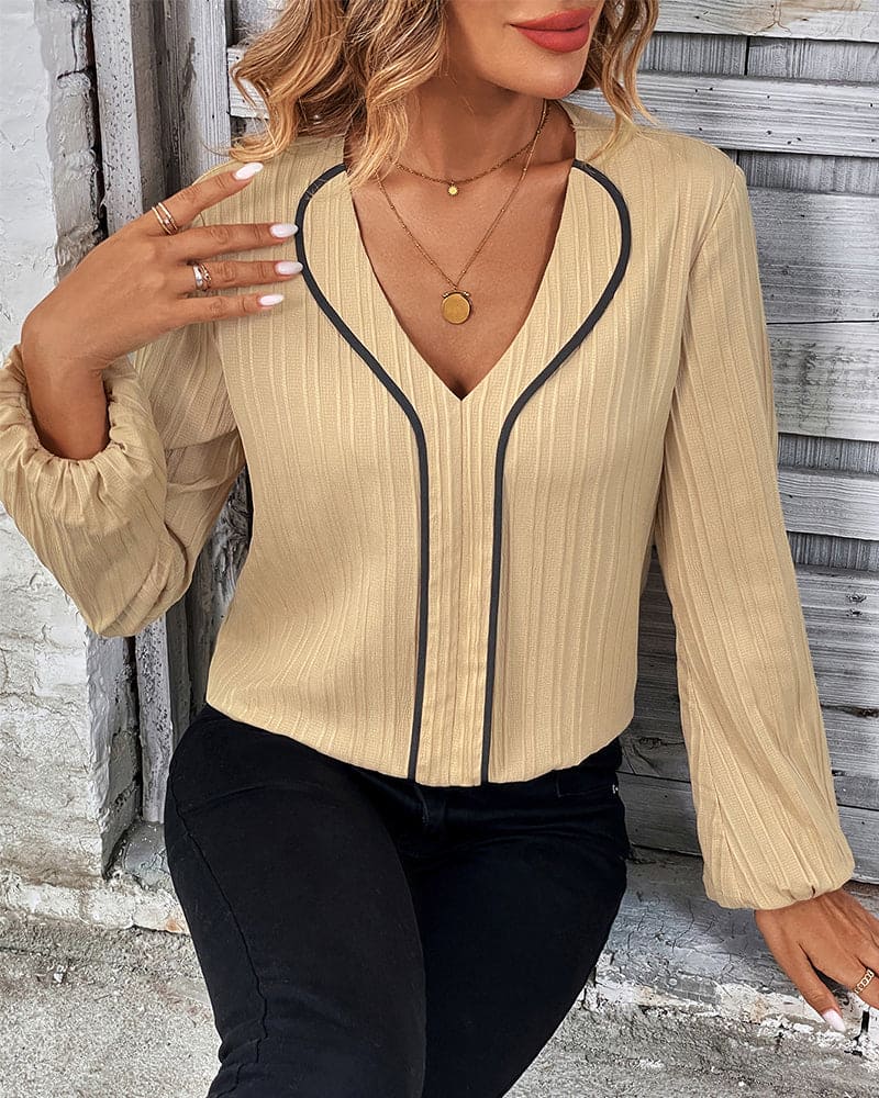 Blouse met lange mouwen en V-hals — afbeelding 2