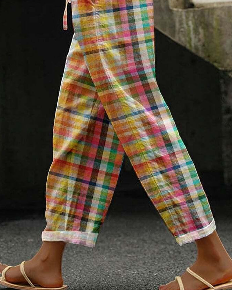 Damesbroek in vintage ruitpatroon met een gemiddelde taille