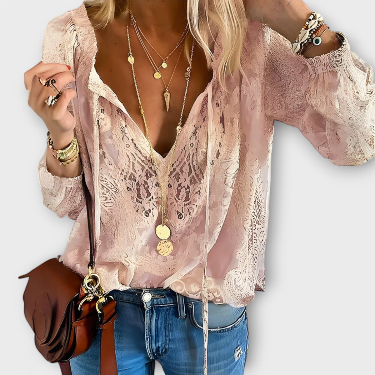 Jane | Damesblouse met kant, halsstrik en wijde mouwen