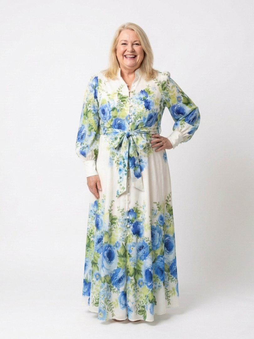 Jacqueline | Gebloemde maxi-jurk met lange mouwen en tailleband