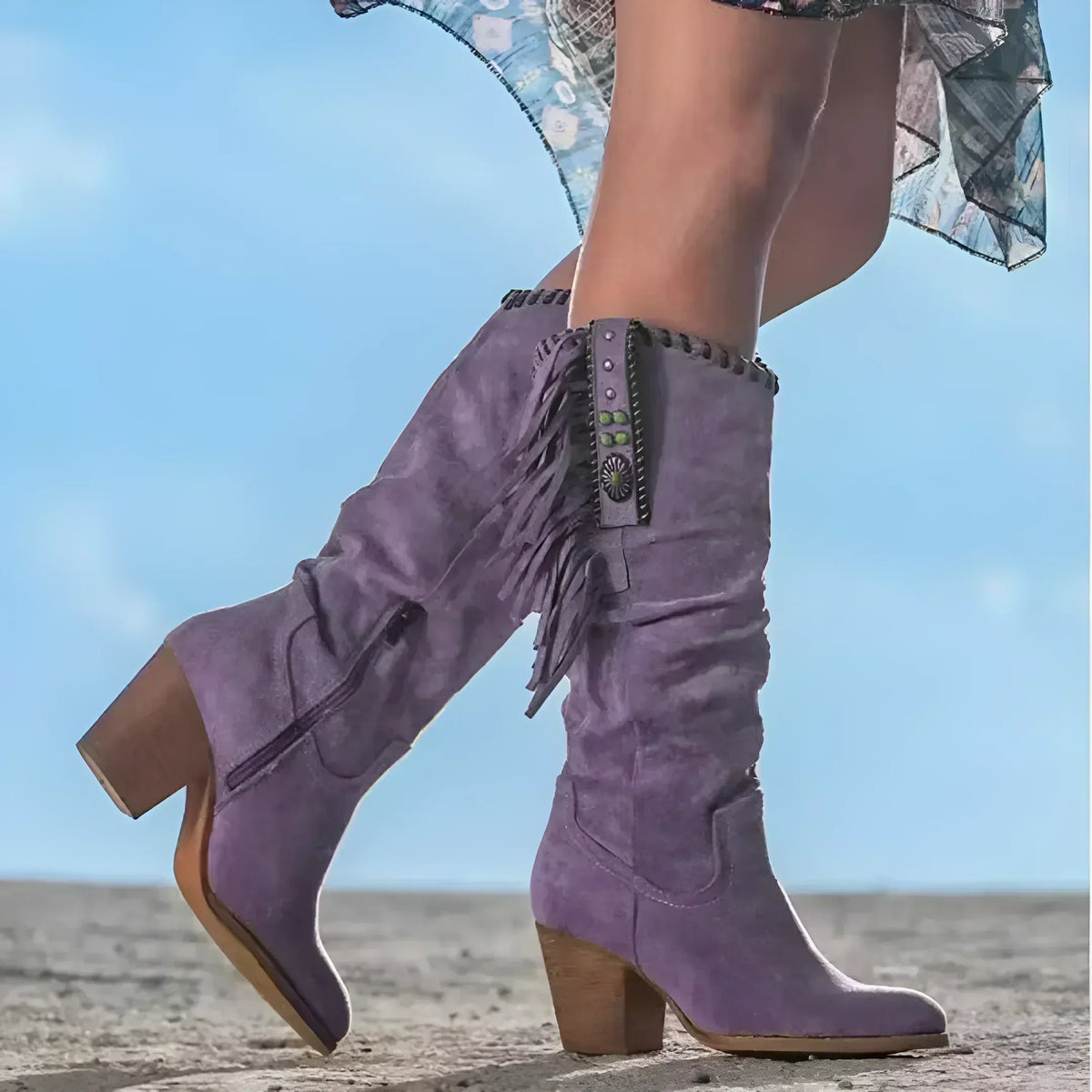 Suède damescowboylaarzen met franjes en gespen