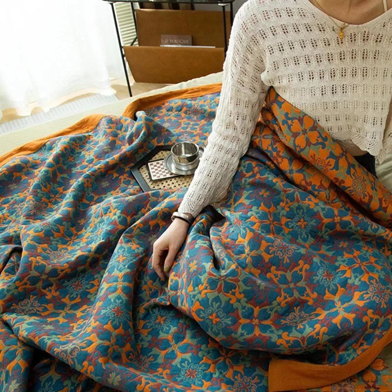 Oranje & blauw patroon zeslaags katoenen quilt