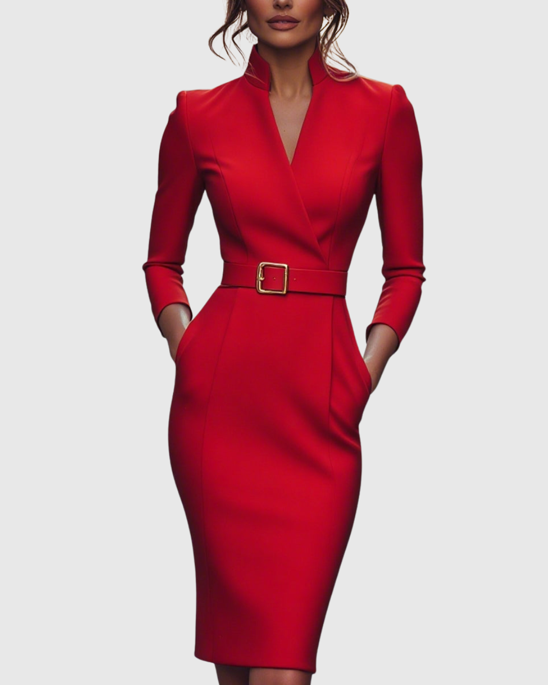 Katherine | Midi-jurk met overslaglook en ceintuur met vierkante gesp