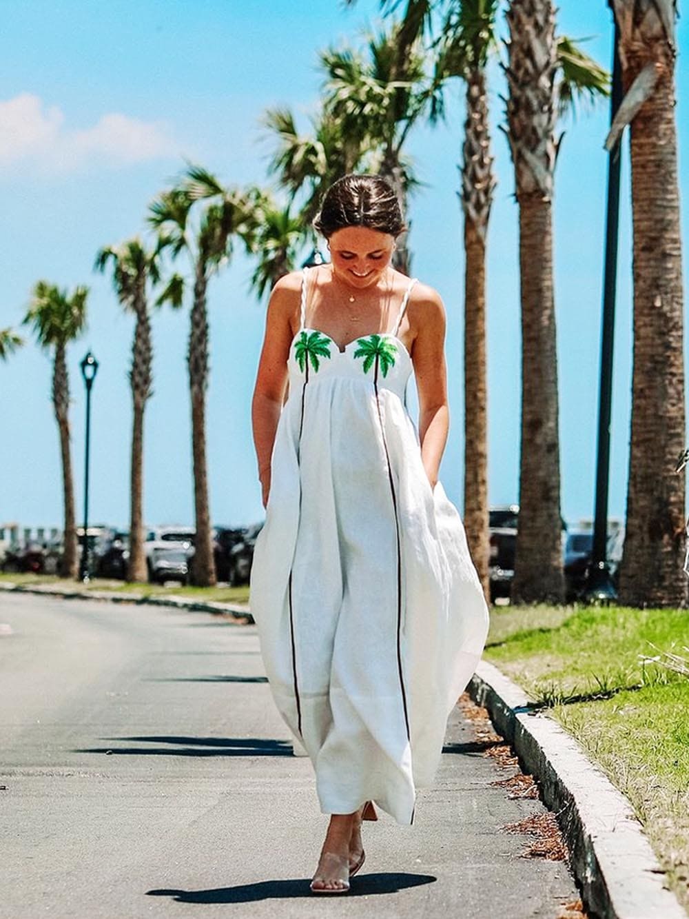 Schouderjurk met tropische palmprint