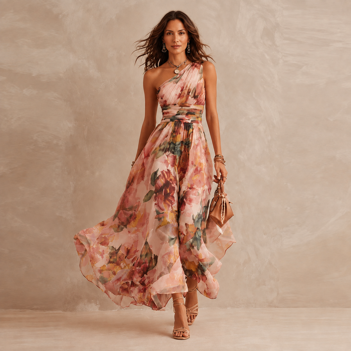 Olivia | Maxi-jurk met één blote schouder van chiffon met bloemenprint