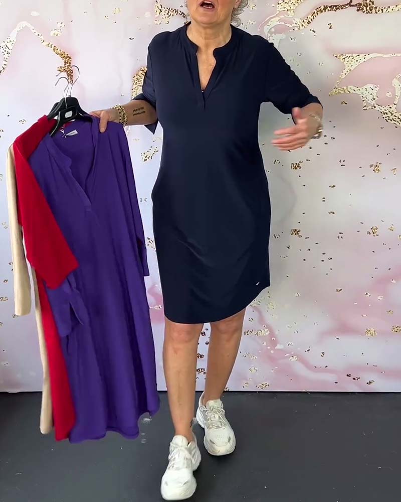 Dames midi jurk met V-hals en aanpasbare mouwen