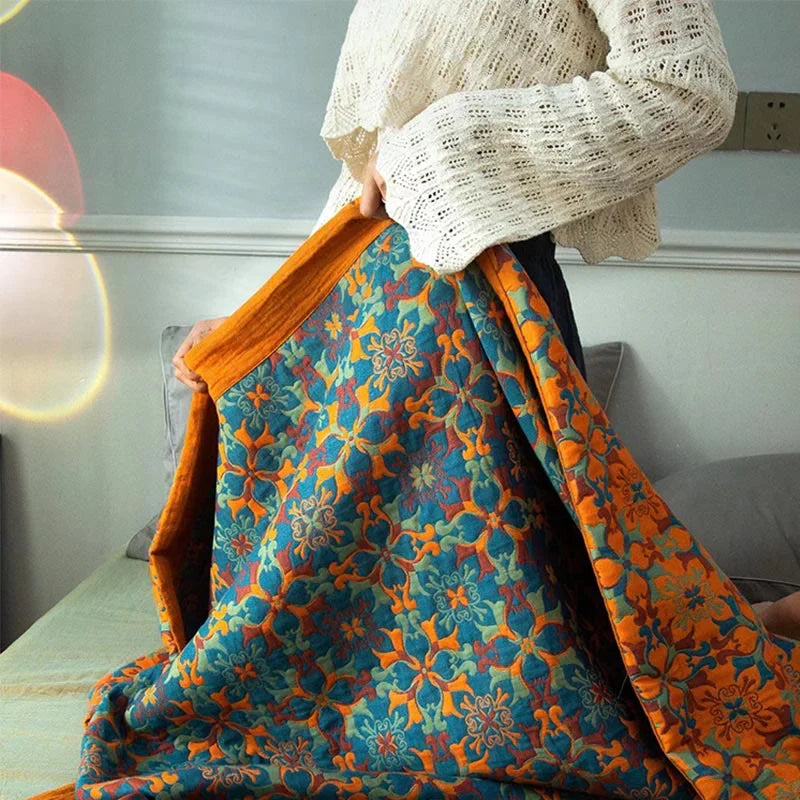 Oranje & blauw patroon zeslaags katoenen quilt