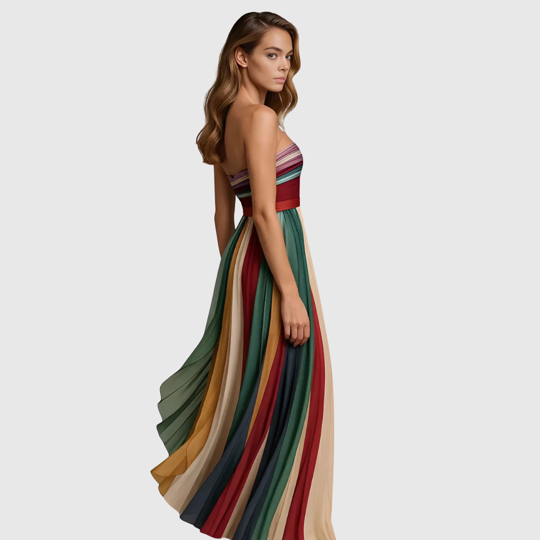 Karin | Lange strapless jurk met geplooide rok